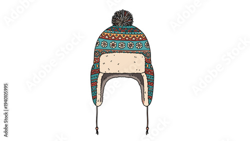 Decorative winter hat with earflaps, a pom pom, and colorful ethnic patterns for keeping warm during the cold season.