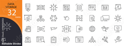Data storage related icons set. Including cloud, database, server, hard drive, backup, file, archive, and memory. Editable stroke. 