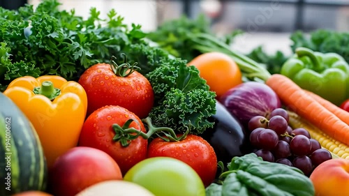 Fresh assortment of colorful vegetables and fruits arranged on a table, showcasing vibrant produce