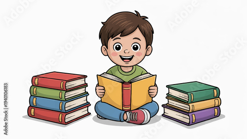 Happy child reading book sitting cross legged between two stacks of colorful books in casual clothes