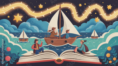 Whimsical illustration of people sailing on a book turned ocean under a starry night sky with glowing yellow lines and clouds