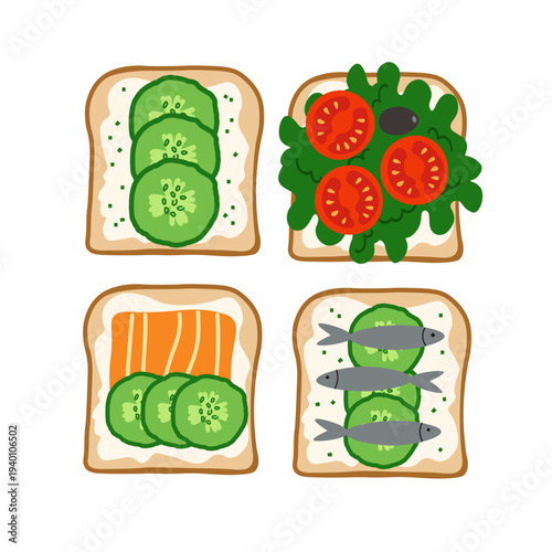 Scandinavian smorrebrod with fish and vegetables. Breakfast toasts. Danish open faced sandwiches. Collection of healthy snack with salmon, cucumber, tomato and sardines. Cartoon vector illustration