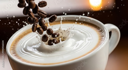 Coffee beans falling into a latte.