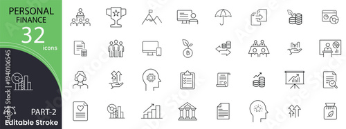 Personal finance related icons set. Including budgeting, savings, expenses, investment, money, planning, wallet, and banking. Editable stroke. outline icons.