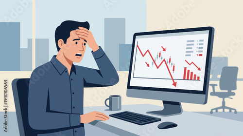 Stressed stock trader reacting to a rapid market drop and financial loss on screen