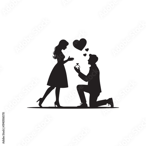 Silhouette of man proposing with ring box and heart symbols