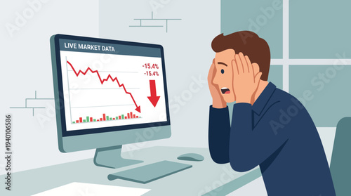Stressed trader reacting to a significant market drop while watching live stock data