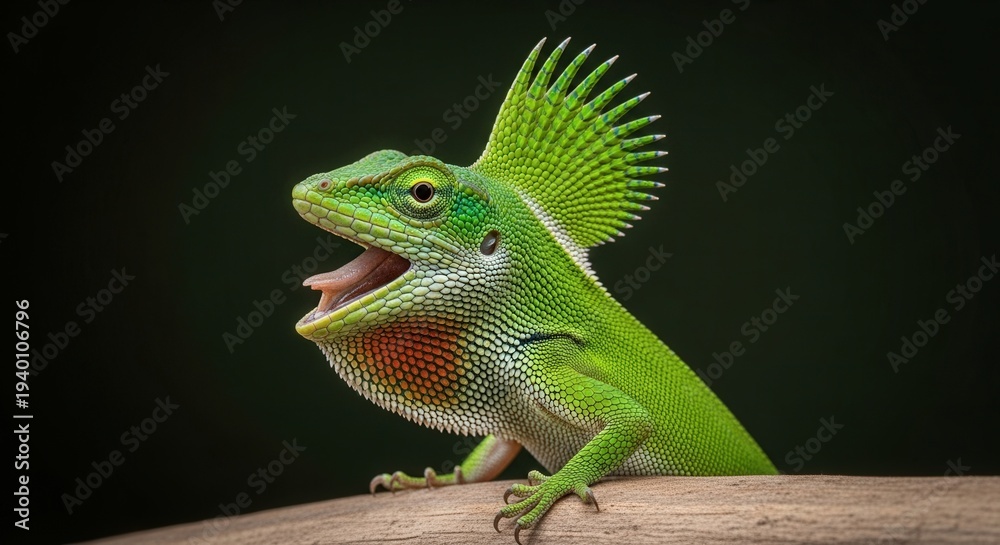 Fototapeta premium Close-up of Bright Green Iguana with Spiky Crest and Open Mouth on Dark Background