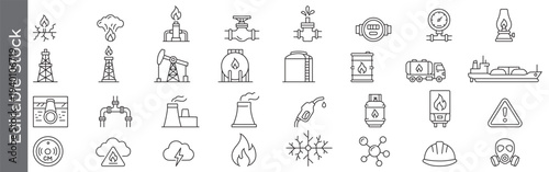 Gas, oil, natural gas fields and energy industry icon set – editable outline symbols of refinery, pipeline, fuel, tanker, warning and safety
