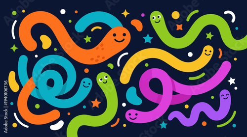 Joyful and Colorful Cartoon Worms with Happy Faces, Perfect for Playful Designs