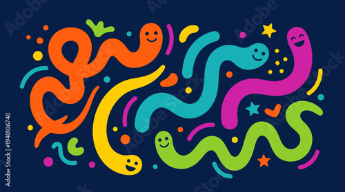 Playful Abstract Squiggles and Cute Cartoon Worms Dancing in Vibrant Colors on a Dark Background