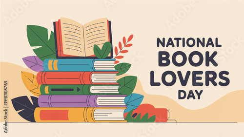 National book lovers day celebration with colorful stacked books and green leaves on beige background