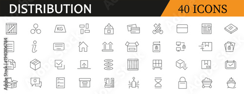 Distribution line Icons set. Logistics, distributor, exports, freight, warehouse, custom inspection, supply chain and delivery related outline icon collection. editable stroke.