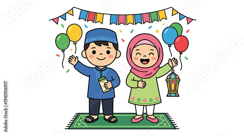 Children celebrating Eid with balloons, flags, and lanterns, expressing joy and festive spirit