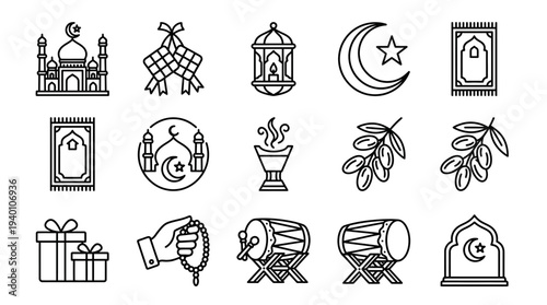 Islamic cultural icons set for Ramadan and Eid celebrations, featuring mosque, moon, star, gift, prayer mat, and drum