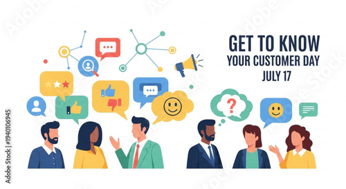 Diverse group of people communicating with colorful speech bubbles on get to know your customer day
