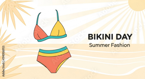 Vibrant bikini set on sunny beach background with palm tree shadows and summer fashion text