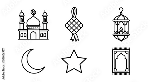 A collection of black and white line art icons depicting various symbols and elements associated with Islamic holidays like Ramadan and Eid, including a mosque, lantern, and crescent