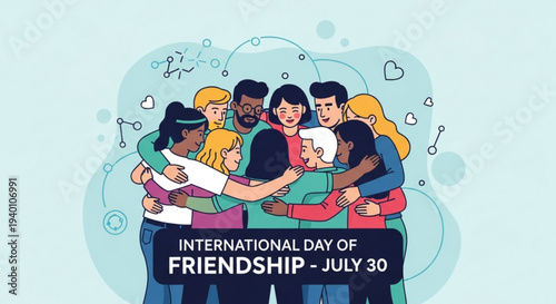 Diverse group of friends hugging celebrating international day of friendship on july 30 unity and togetherness concept