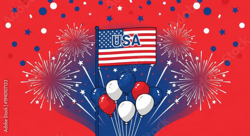 Usa independence day celebration with american flag balloons fireworks