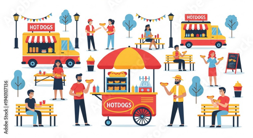 People enjoying hot dogs from carts and trucks in a lively outdoor setting with benches and streetlights