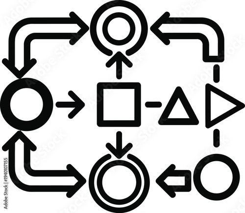 Black and white illustration of geometric shapes with arrows forming a cycle wqe 518