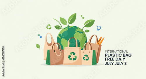 Eco friendly reusable bags with recycling symbols on international plastic bag free day