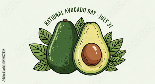 Avocado illustration for national avocado day on july 31 featuring two avocados with leaves