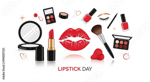 Vibrant makeup collection with lipstick eyeshadow and brushes celebrating lipstick day