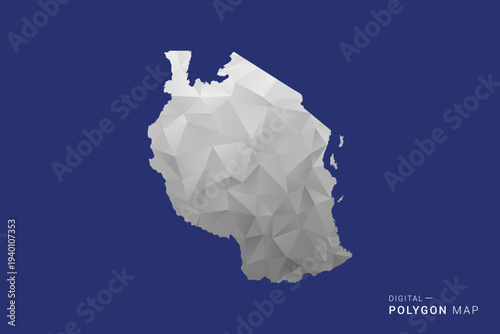 Tanzania Map - Polygon White and Black map Style Vector Illustration, Low Poly Geometric Design, Isolated on blue Background.