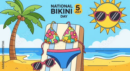 National bikini day illustration with beach scenery and sunglasses on july 5th