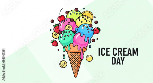 Colorful ice cream cone with toppings on light green background for ice cream day