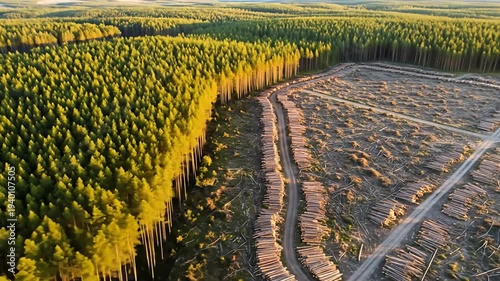 Aerial view of a lush forest juxtaposed with a cleared logging area, showcasing environmental impact