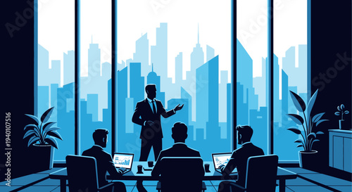 A confident business leader delivers a compelling presentation to attentive colleagues in a modern corporate office, with a striking city skyline backdrop.