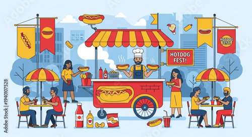 Colorful hot dog cart with people eating at tables under umbrellas in a festival setting