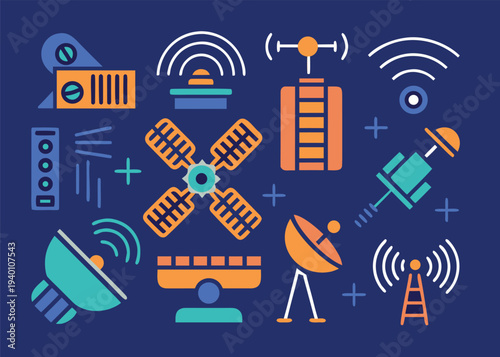 Eleven graphic icons depicting satellite dishes, communication towers, and radio frequency signals are illustrated on a dark blue background.