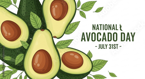 Avocado halves with leaves on national avocado day july 31st celebration