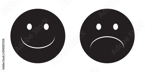 Sad Emoji Faces in Black and Yellow. Two simple sad emoticon faces, one black and one yellow, showing frowns and teary eyes on gray background eps10