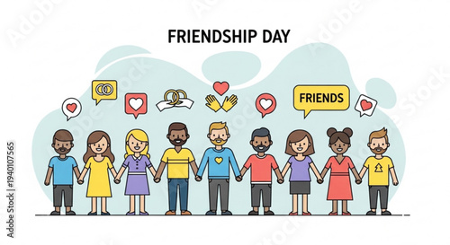 Diverse group of friends celebrating friendship day with hearts and speech bubbles