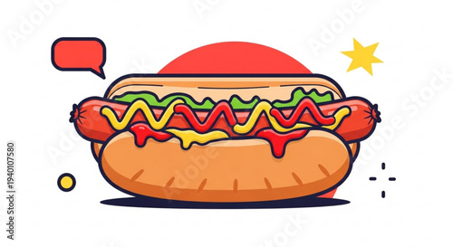 Colorful hot dog with ketchup mustard and relish on a bun with speech bubble and star