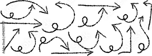 A complex network of arrows and squiggles on a white background