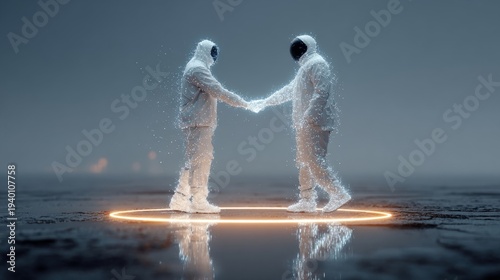 Two Future Astronauts in White Suits Touching Hands in a Futuristic Arena Concept with Glowing Orange Circle and Particle Effects