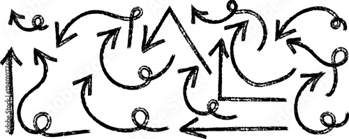 A complex network of arrows and curved lines forming a dynamic abstract pattern on a plain white background with various directional movements