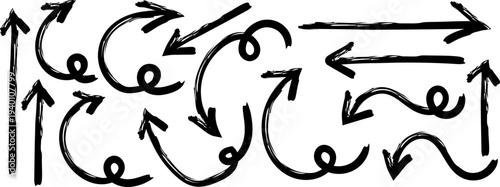 A collection of abstract arrows in a chaotic yet harmonious composition on a white background with black lines and curves
