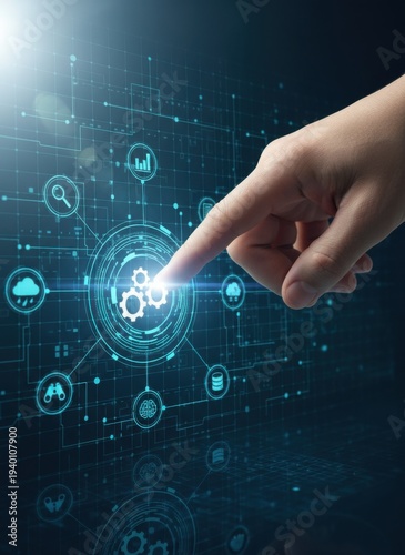 未来的なデジタルインターフェースで歯車アイコンを指差す手のクローズアップ。ビジネス、テクノロジー、データ管理、システム設定、自動化、AI、サイバーセキュリティのコンセプトを表現。青い光と回路基板の背景が特徴。