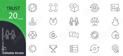Trust related line icon set. Believe, confidence, depend, trustworthy, friends, truth, faith and sincerity outline icon collection. Editable stroke.
