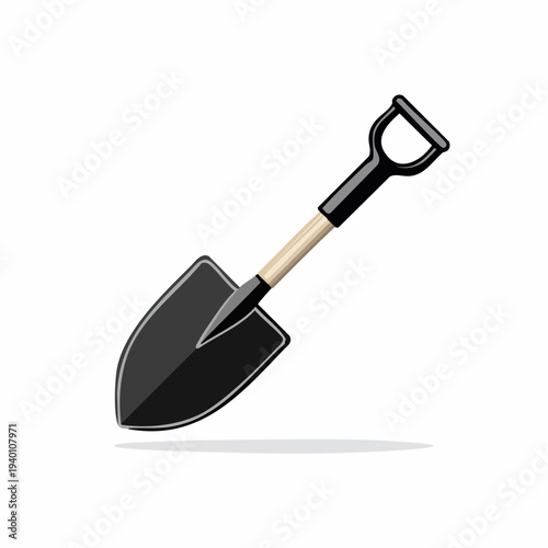 A detailed, realistic illustration of a sturdy garden shovel with a black handle and a wooden shaft, casting a soft shadow below on a white background, perfect for gardening and outdoor work