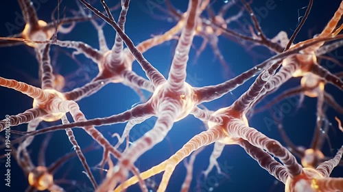 Close-up view of interconnected neurons in a vibrant blue background, showcasing neural activity