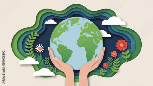 Hands cradling earth globe surrounded by green leaves flowers and clouds symbolizing eco friendly care and environmental protection