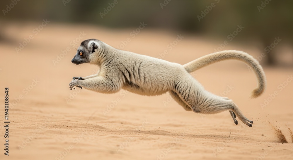 Fototapeta premium Fast Running Lemur in Open Environment with Dust Clouds and Dynamic Motion